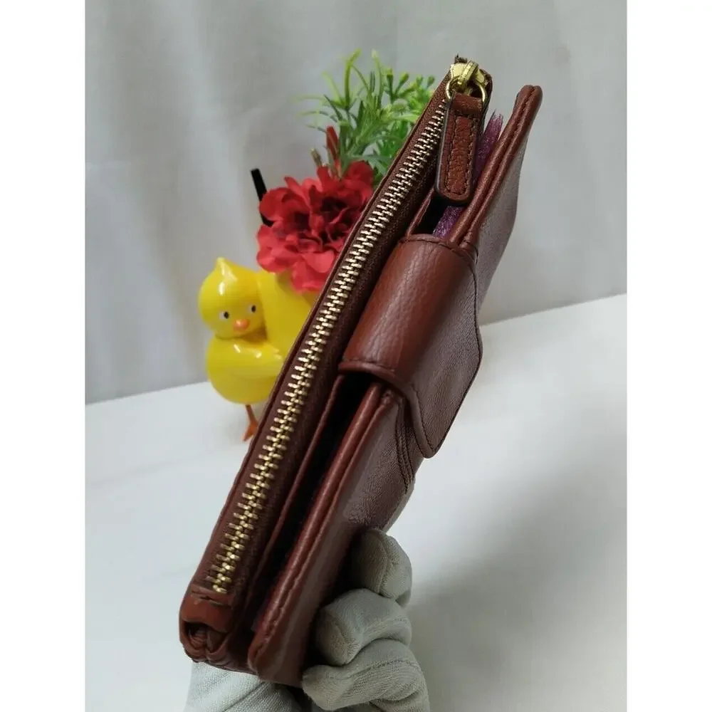 Fossil Ella Brown Leather Credit Card ID Window Zipper Bifold Wallet